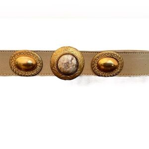 Vintage Beige Adjustable Belt Gold Tone Medallions Center Faux Marble Stone S/M